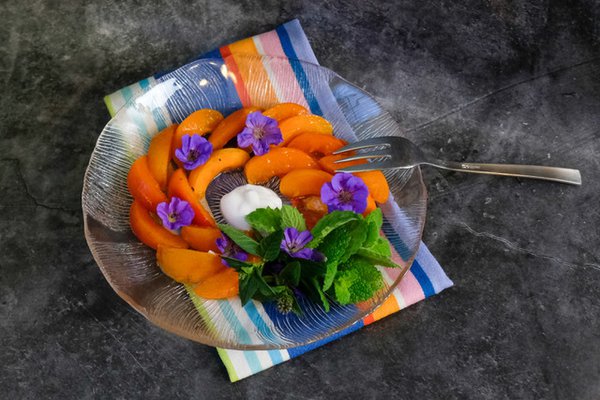 Aprikosensalat mit StorchschnabelblÃ¼ten Rezept Pascale Treichler
