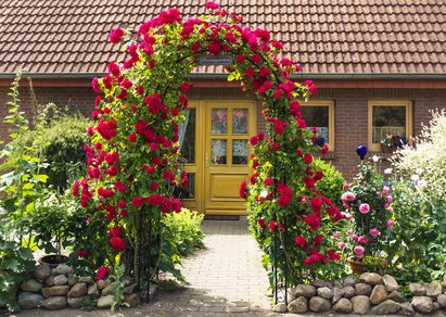 Romantischer Vorgarten mit Rosenbogen